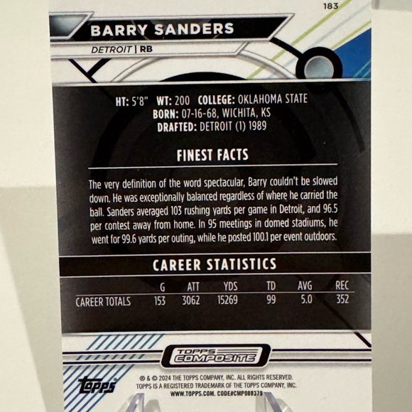 2024 Barry Sanders Topps Finest Card. Mint condition - Picture 2 of 2